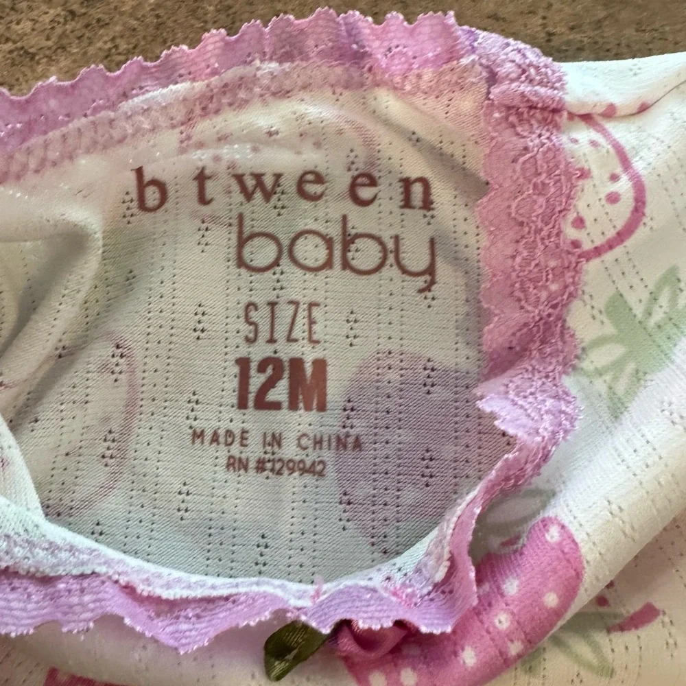 Btween Baby  Adorable Fun Pink & White Strawberry 2 Piece Lace Pajamas, Size 12M